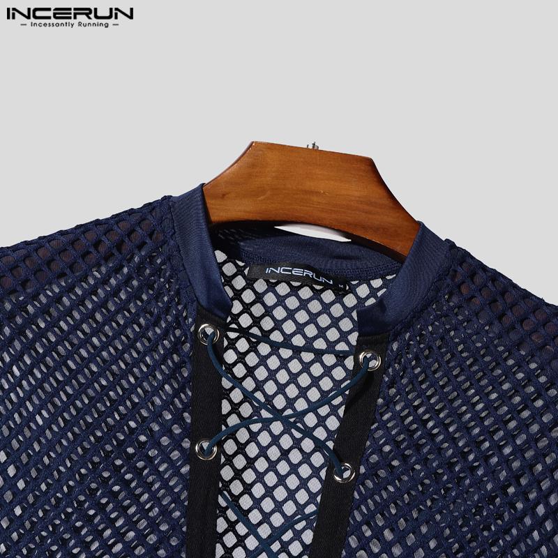 INCERUN Men Summer Short Sleeve Bandage Hollow Sheer Party Club Crop Tops T-shirts
