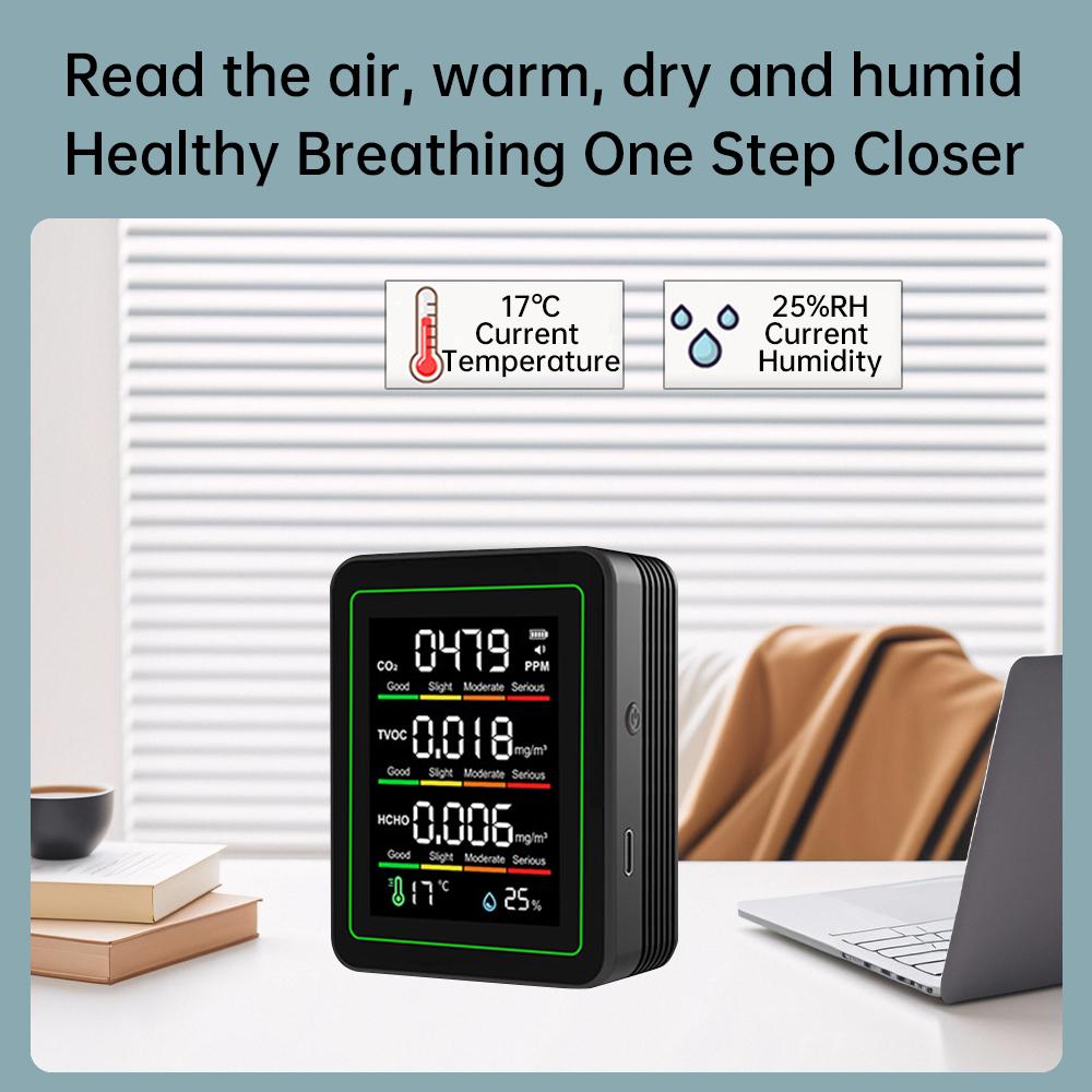 5 In 1 Digital Air Quality Monitor CO2 HCHO TVOC Humidity and Temperature Monitor CO2 Tester LCD Household Air Quality Tester