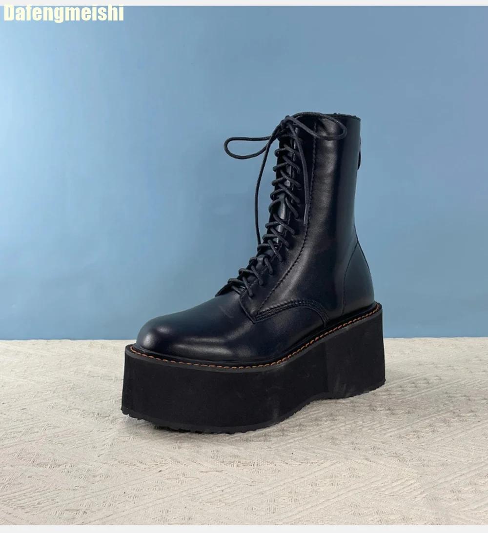 

Fashion 2025 Newest Wedges Platform Chelsea Boots Round Toe Lace-Up Ankle Boots Back Zipper Black/brown Mixed Color Gothic Short Boots 34