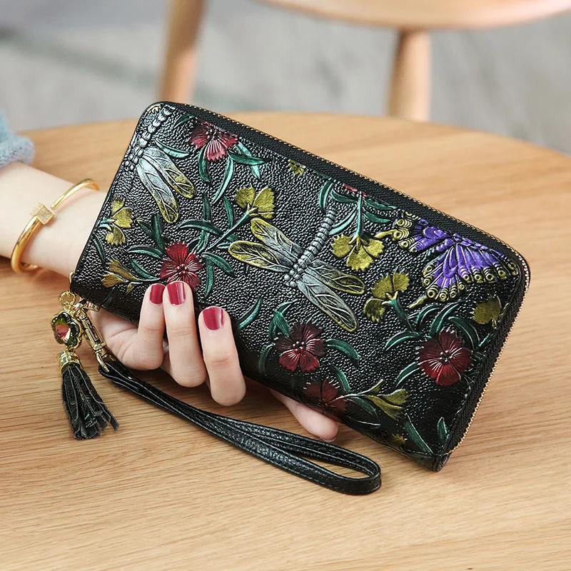 

Fashion Design Characteristic Pattern Printing Embossing Women s Wallet Genuine Leather Zipper Large Multi Card Wallet Wrist Clutch