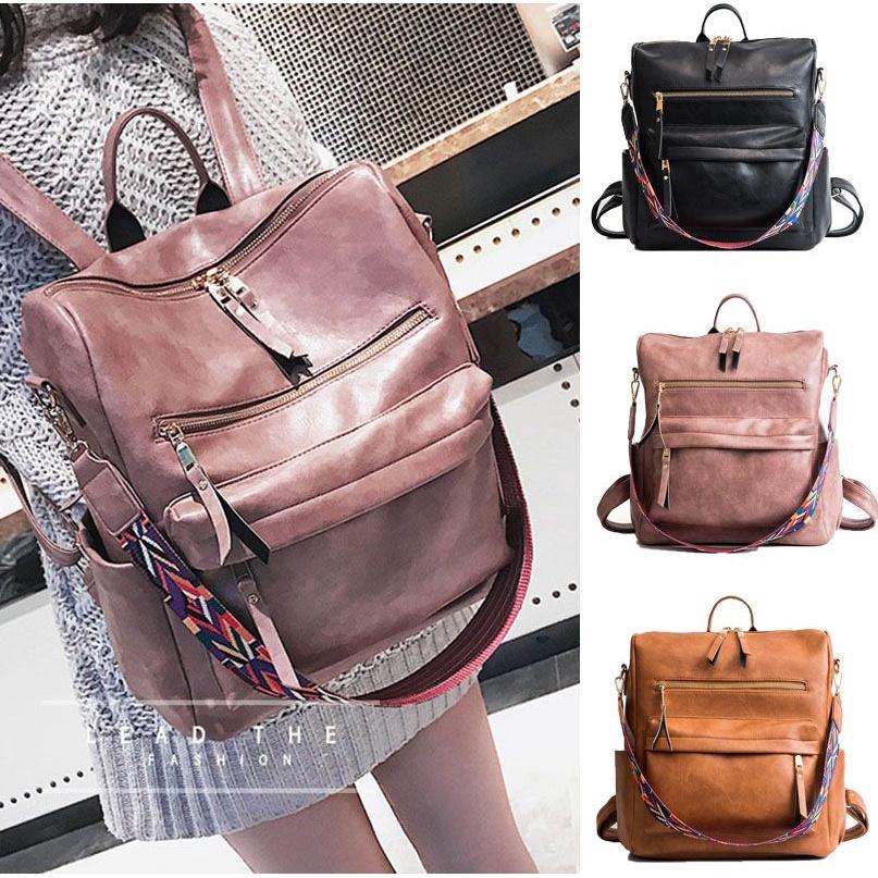 Wear-resistant Women's College Style Backpack In Pure Color Soft Pu Leather