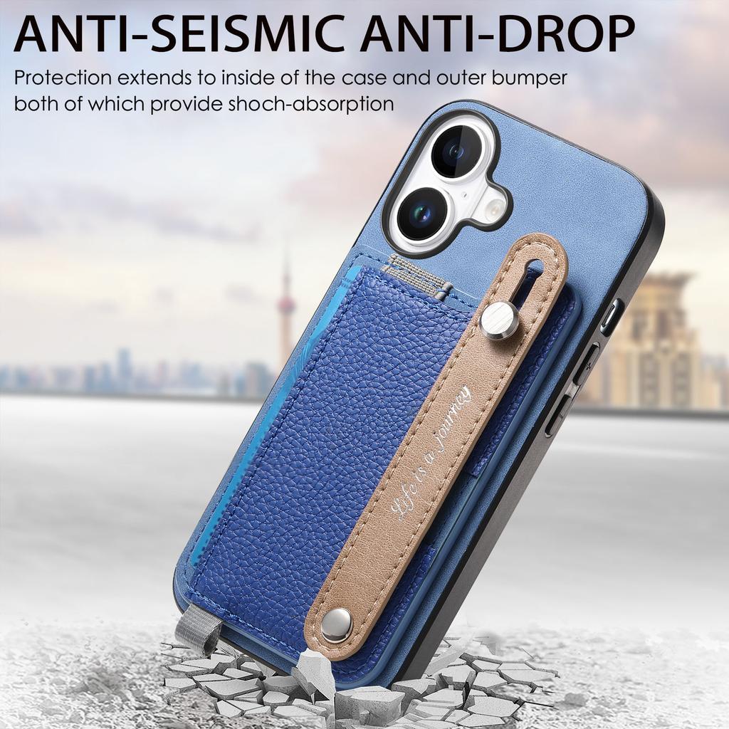 For iPhone 16 Plus Magnetic Leather Back Case with Detachable Card Holder and Wristband