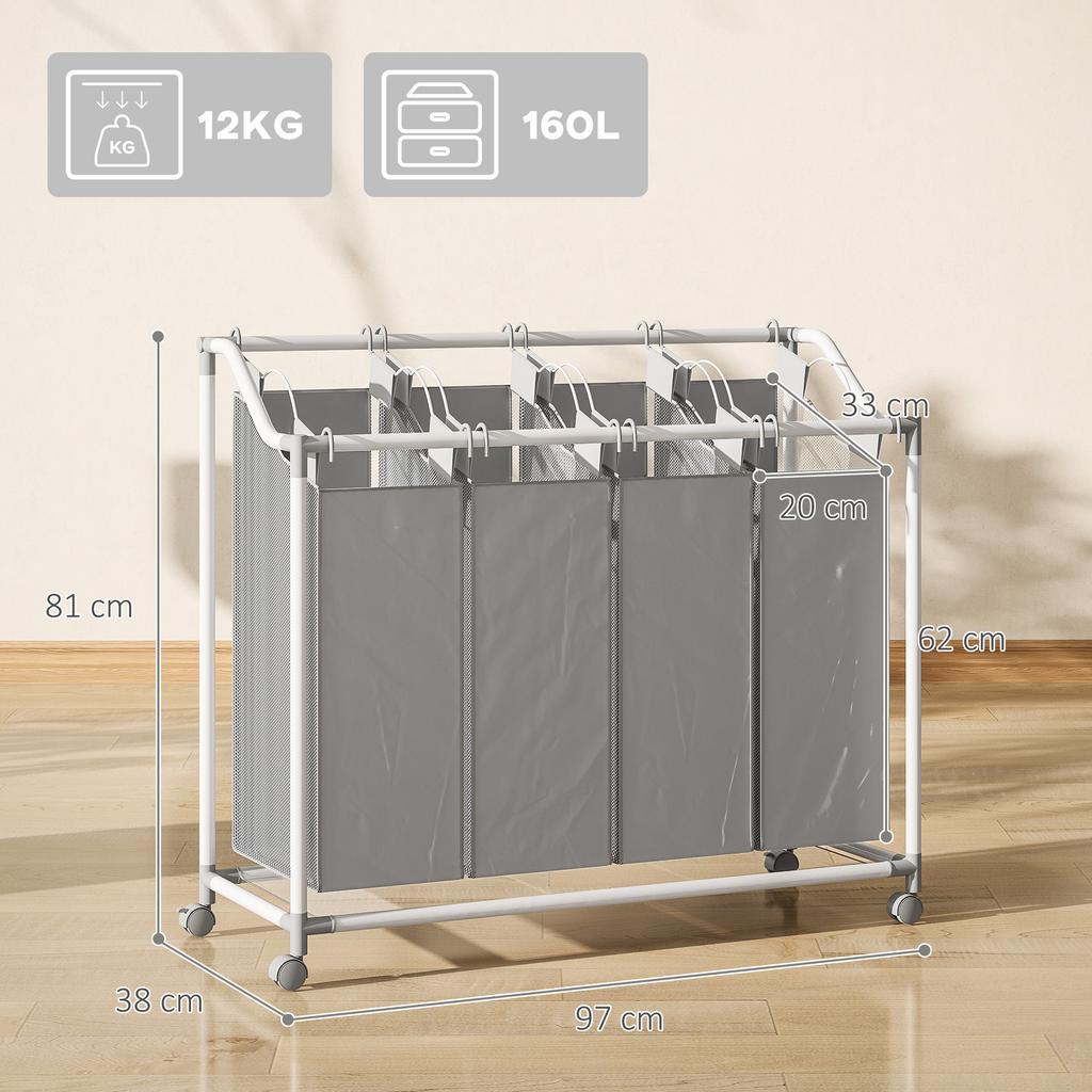 Laundry Basket with 4 Compartments, 160 L Laundry Sorter with Wheels, Removable Laundry Bag, 97 x 38 x 81 cm, Grey