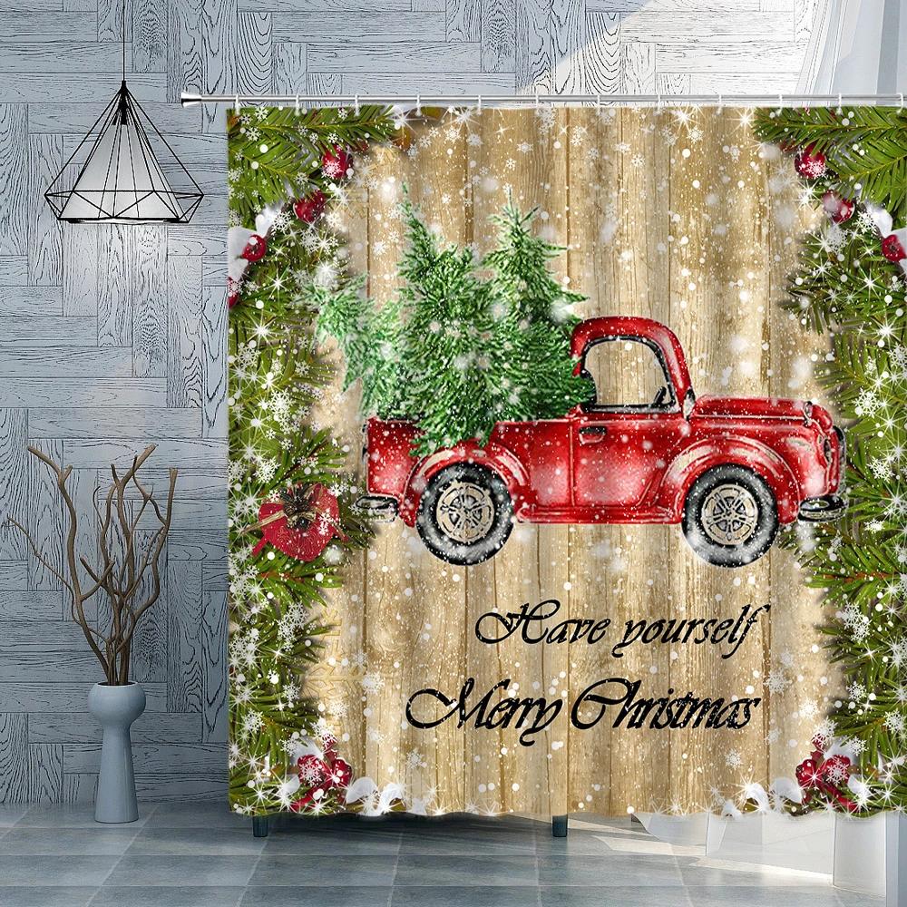 Christmas Shower Curtain Red Christmas Balls Branches Snowmen Gifts Snowflakes Fabric Bath Curtain Winter Bathroom Decor Sets