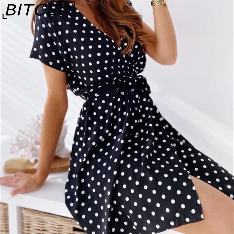 BITCED Moda Estiva Donna Abito Mini a Maniche Corte con Scollo a V Abito da Donna a Pois con Spacco Vestidos per Donna Festa in Spiaggia Abito Boho