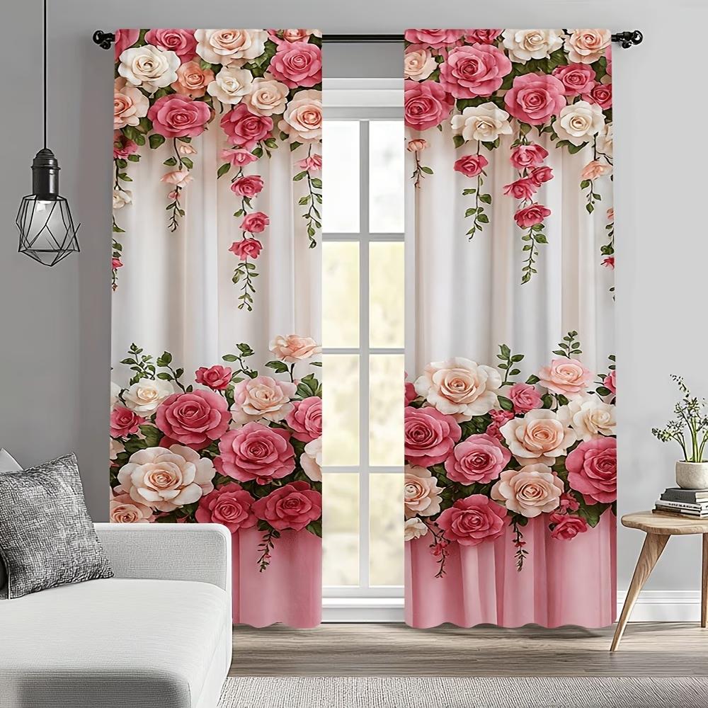 2PCS Digital Printed Curtains, Pink White Rose Romantic Floral Gradient, Window Curtains for Living Room Bedroom Home Decoration