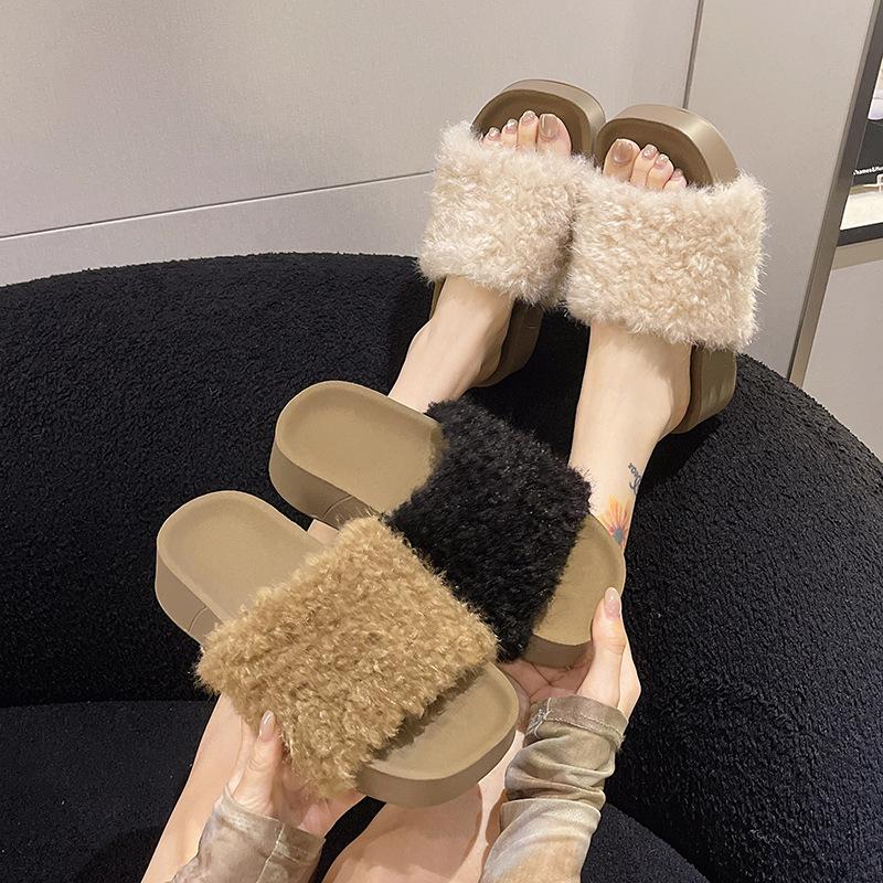 Furry Thick-soled One-word Slippers for Women's Outer Wear 2025 New Autumn and Winter Thick-soled Household Indoor Fluffy Cotton Slippers
