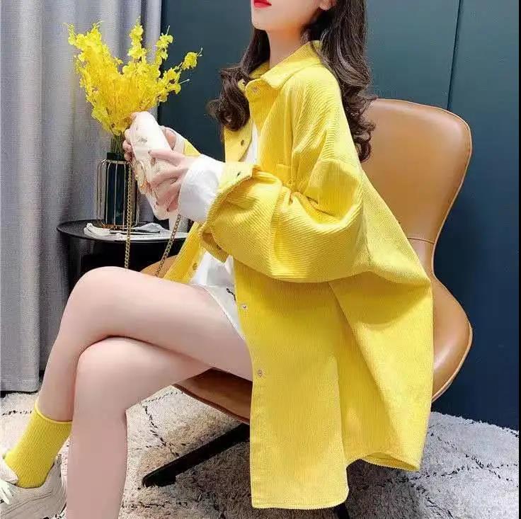 

Женская вельветовая рубашка, весеннее пальто с плотной талией, сплошной цвет, повседневная ветровка, удобная длинная куртка XXL жёлтый