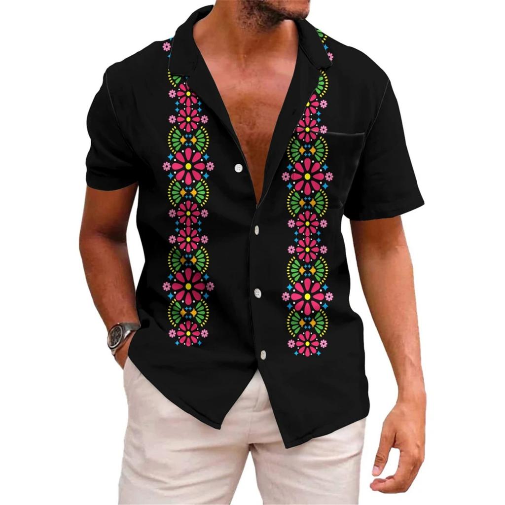 Hawaiian Mens Shirts Lapel Short-Sleeved Shirt Mexican Style Clothing Casual Loose Button-Down Shirt