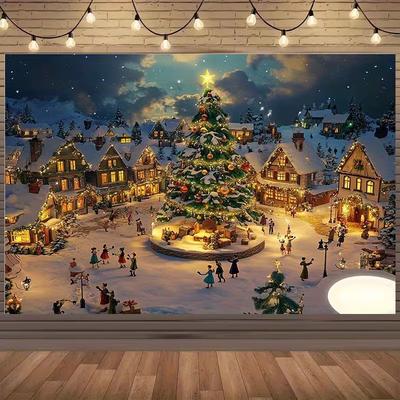 2D Christmas Town Square Scene Backdrop with People & Lights for Holiday Decoration