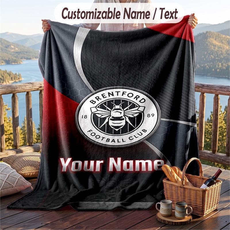 Flannel Blanket Brentford Football Print Custom Name Text Soft Throw for Sofa Bed