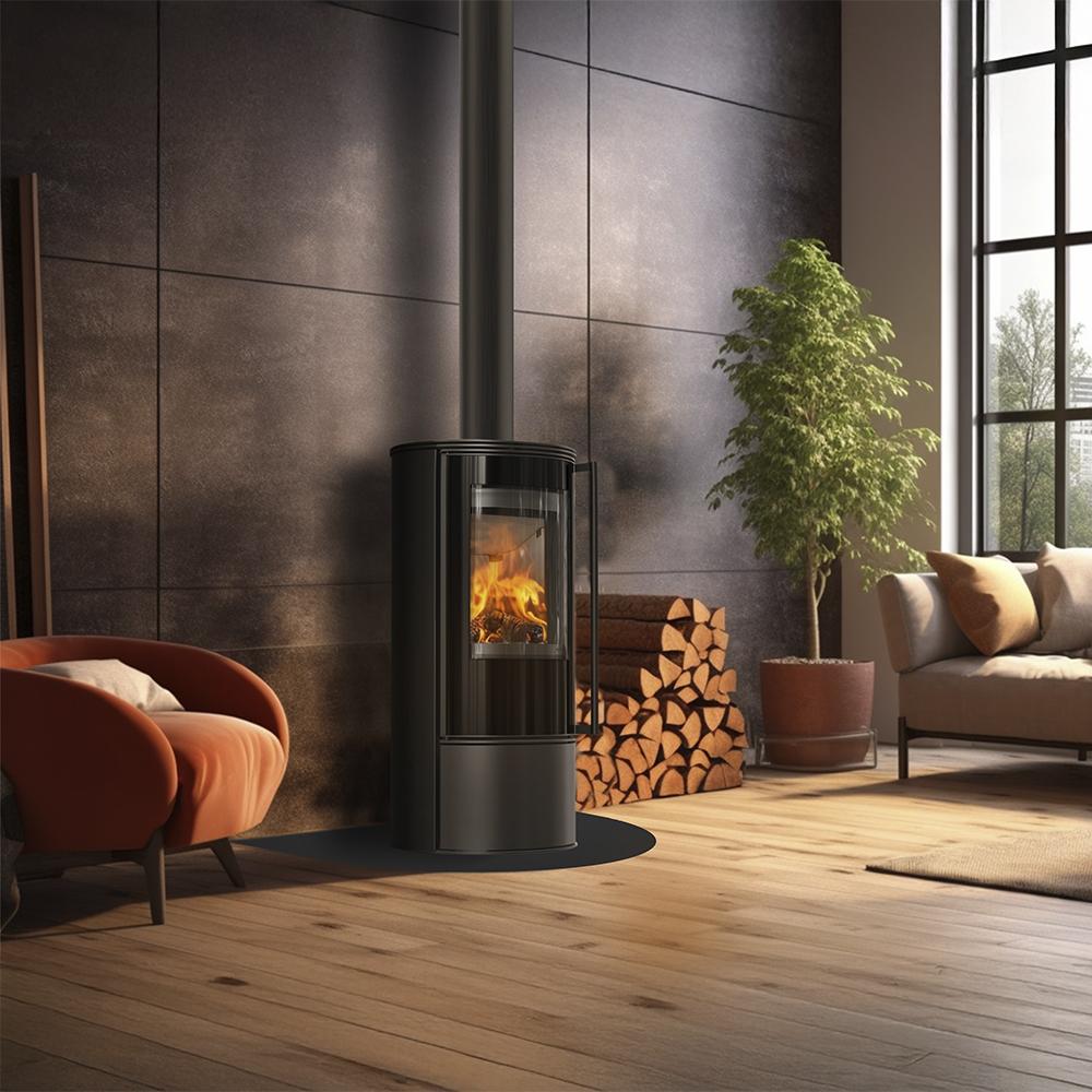 Freistehender Stahlofen KOZA SKADI mit schwarzer Thermotec-Beschichtung und Schließmechanismus