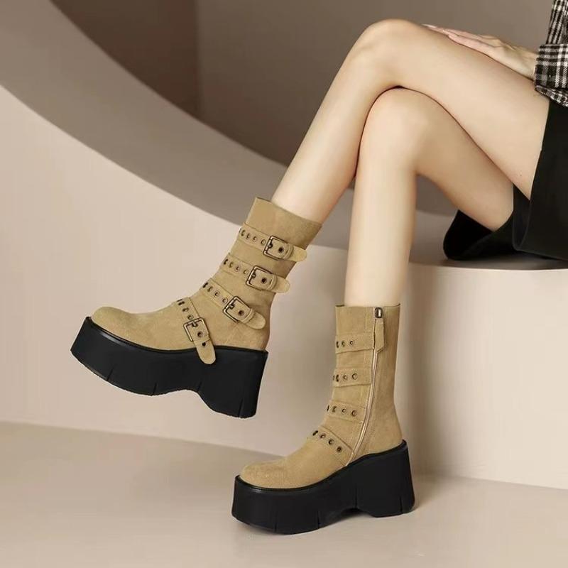Mid Heel Square Heel Modern Boots Buckle Solid Novelty Women's Shoes on Sale 2025 Brand Mid-calf Slip-on Ankle & Bootie