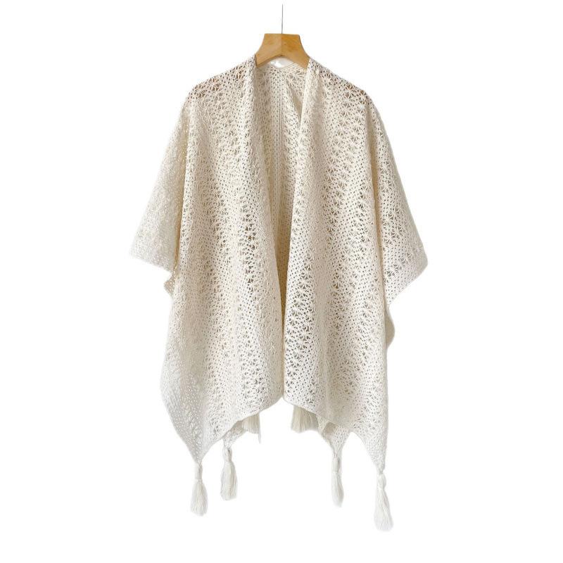 Summer Versatile Ethnic Style White Shawl With Hollowed-Out Knitted Cheongsam Shawl Women'S Air-Conditioning Shawl Fringed Cardigan