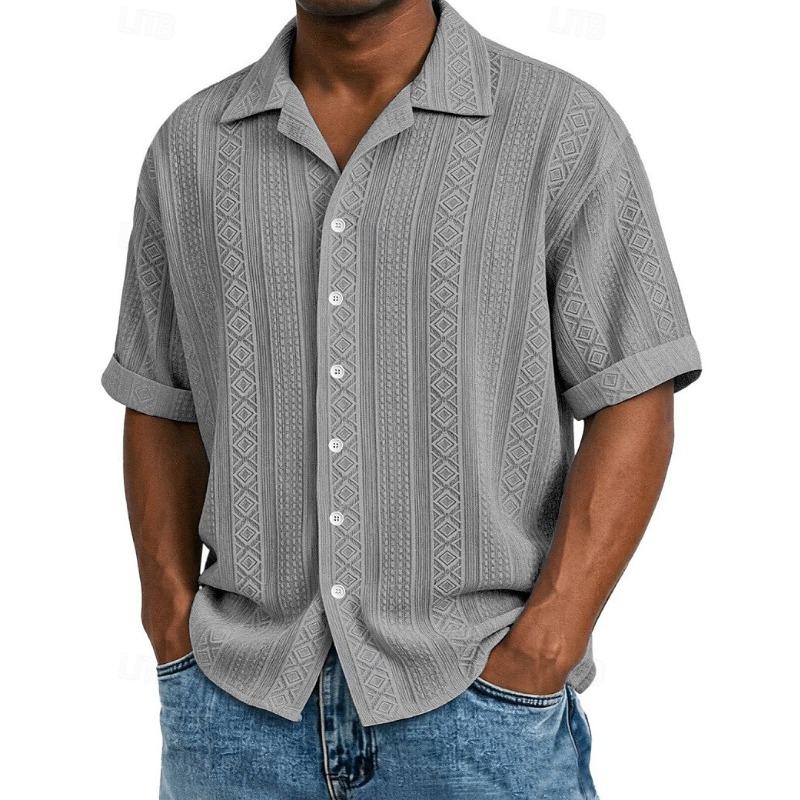 Men's Shirt Texture Button Down Shirt Jacquard Shirt Black White Light Green Navy Blue Purple Short Sleeve