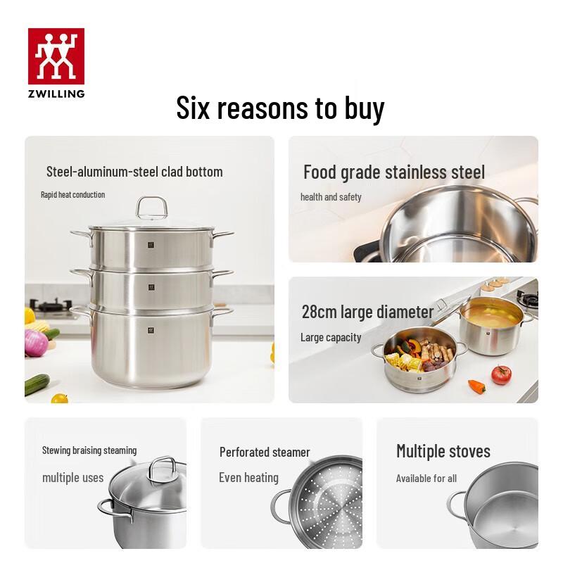 ZWILLING 24cm 3-Piece Stainless Steel Deep Stockpot & Steamer Set