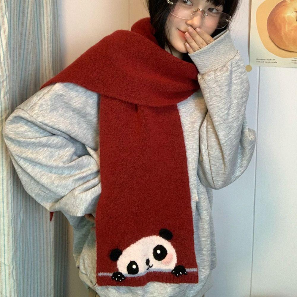 Colorful Cashmere Knitted Scarf Sweet Winter Neck Warmer Panda Cartoon Embroidery Scarf  Daily