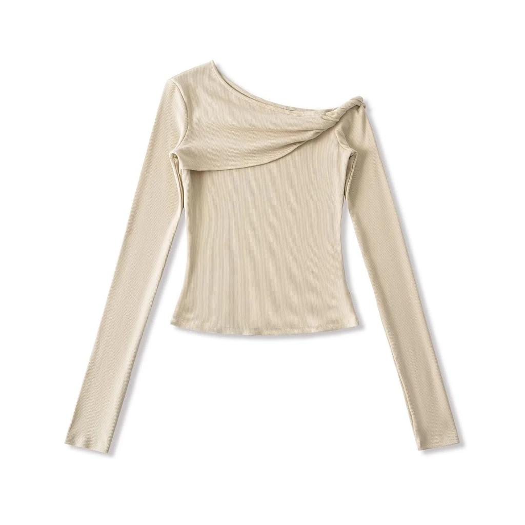 Spicy Girl Off-the-Shoulder Twisted Design Long-Sleeve Petite T-Shirt (2026)