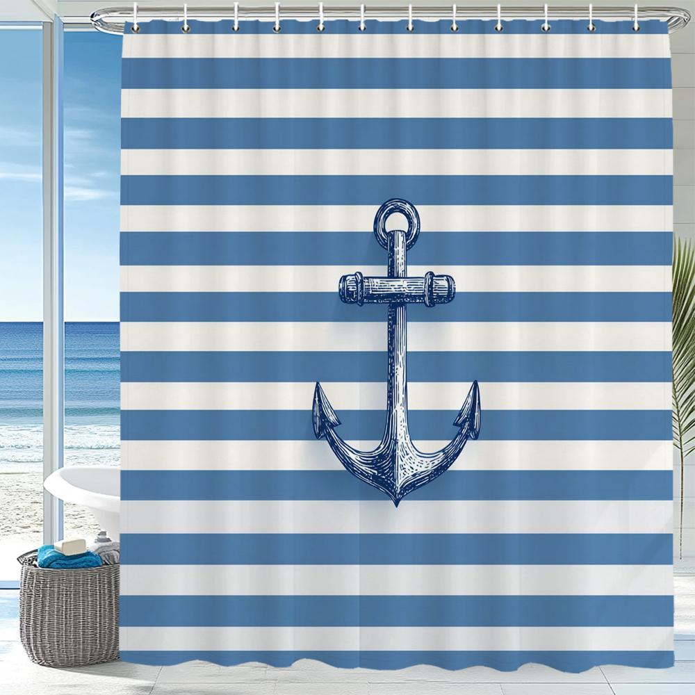 Modern Blue Stripes Printed Polyester Shower Curtain Bathroom Curtain,Hanging Curtain 12 Hooks Decoration Machine Washable