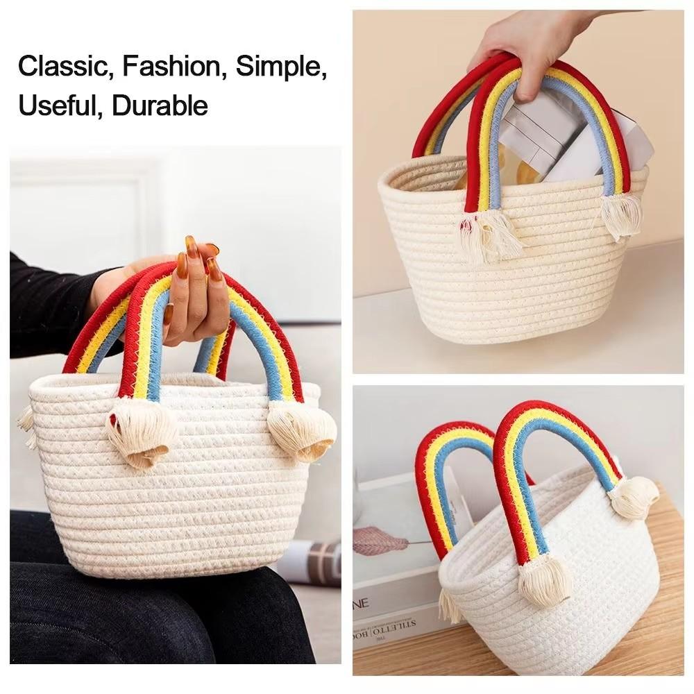 Handmade Cotton Rope Woven Handbag, Rainbow Cloud Pattern Storage Basket, Multifunctional Cosmetic Organizer Portable Picnic Fruit Basket