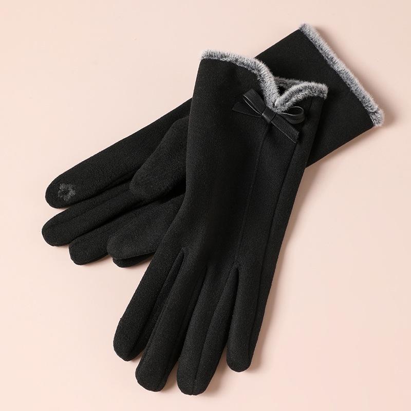 Warm Gloves for Women In Autumn and Winter Outdoor Riding Cold Proof Thickened Plush Velvet Cute Bow Develvet Touch Screen Gloves