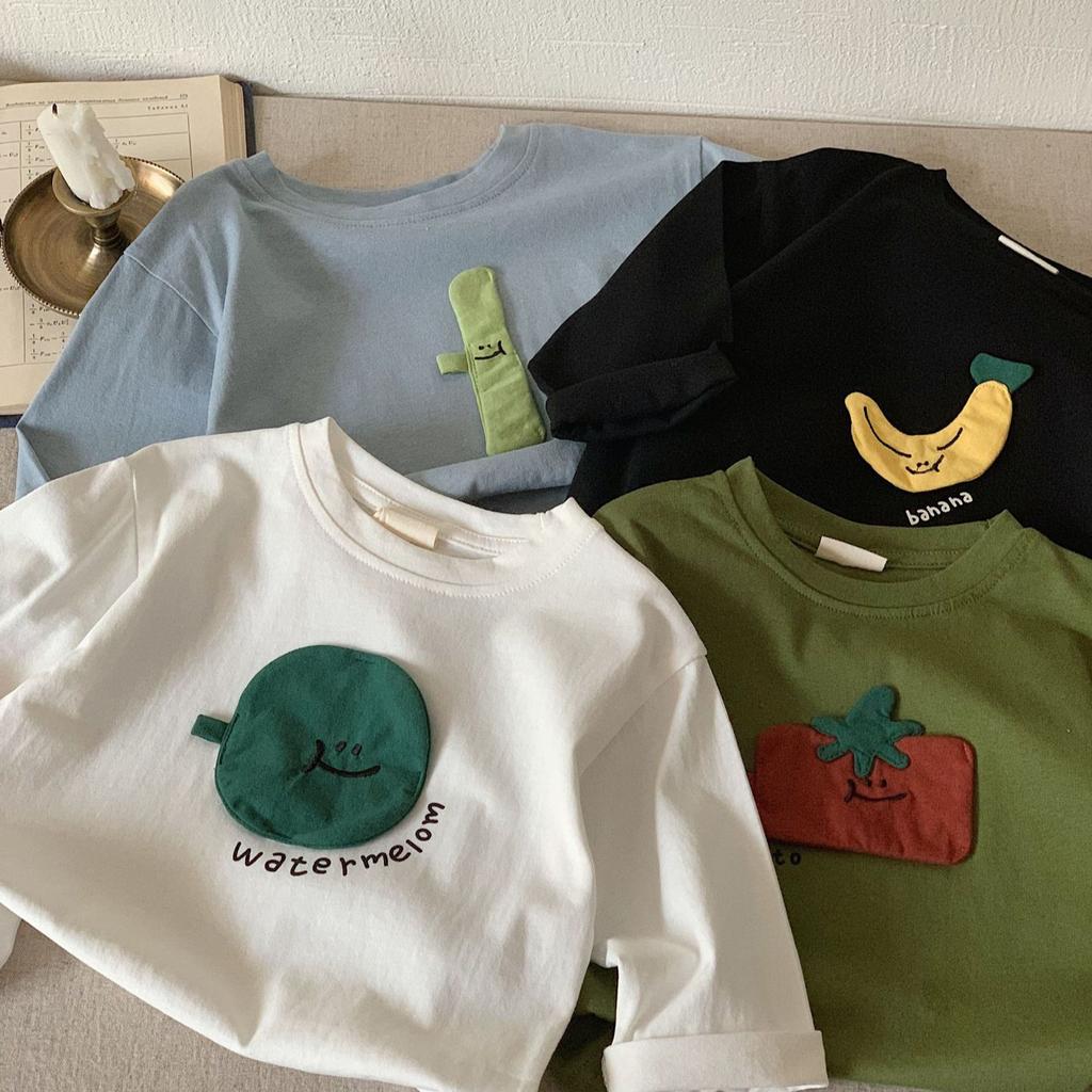 2025 spring children's clothing Japanese T-shirt children's long-sleeved boys and girls three-dimensional sticker fruit bottoming shirt