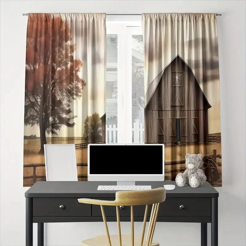 Set Of 2 Curtains Window Decorations Rural Tree Barn Pattern Prints Home Room Curtain Polyester