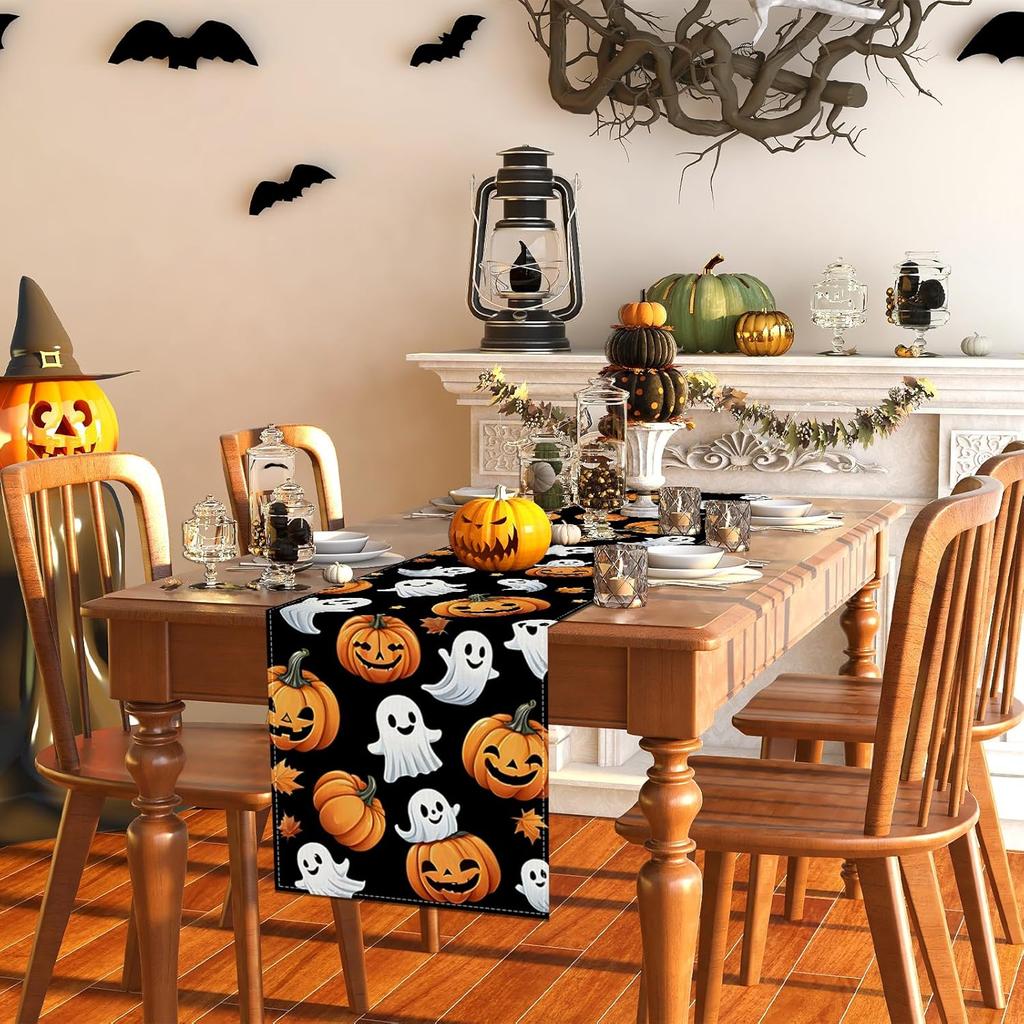 Halloween Ghost Pumpkin Table Runner,Halloween Dinner Table Runner Decorations and Supplies for Home Kitchen Dining Room Table-13×72''
