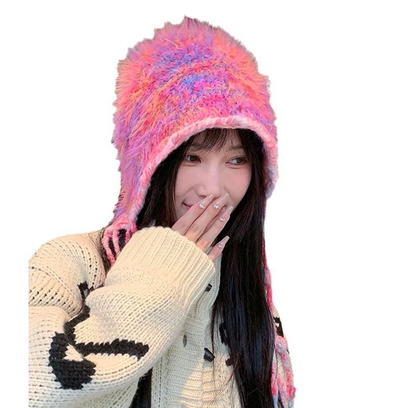 Autumn and winter color retro knitted lace-up women's warm mixed color feather yarn ear protection fringed wool hat