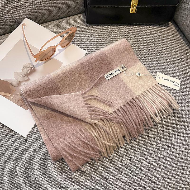 100% Pure Wool Scarf Female Winter Warm Cashmere Shawl Checkerboard Grain Design Couple Accessory Premium Sense Windproof Scarf