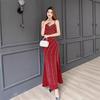 New navy blue suspender V-neck sexy dress birthday party light luxury niche design host split dress