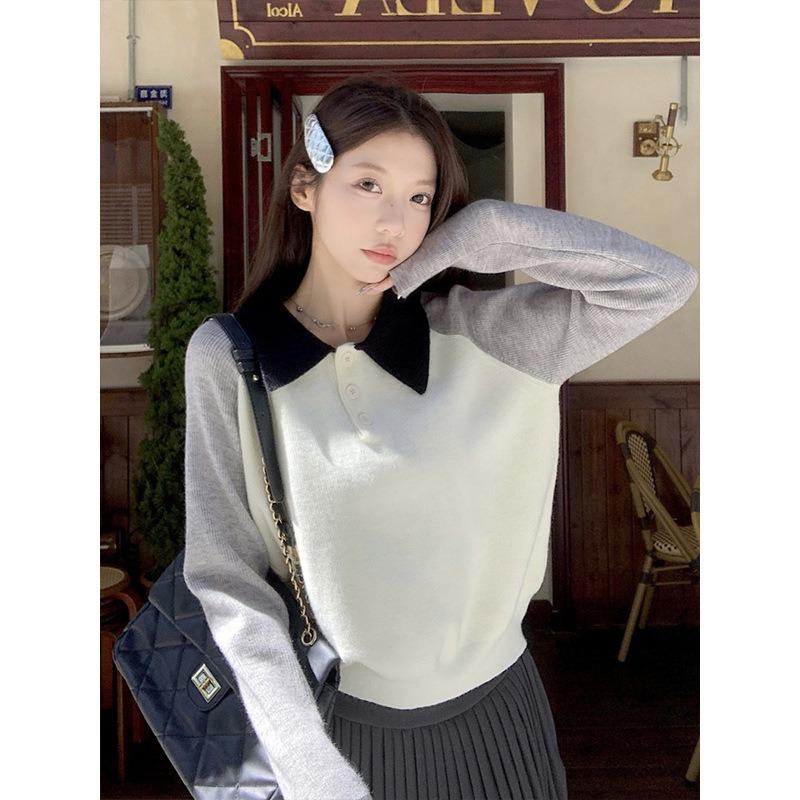 Contrasting Polo Neck Knitted Sweater Women's Spring Loose Age-reducing Inner Top Design Bottoming Shirt
