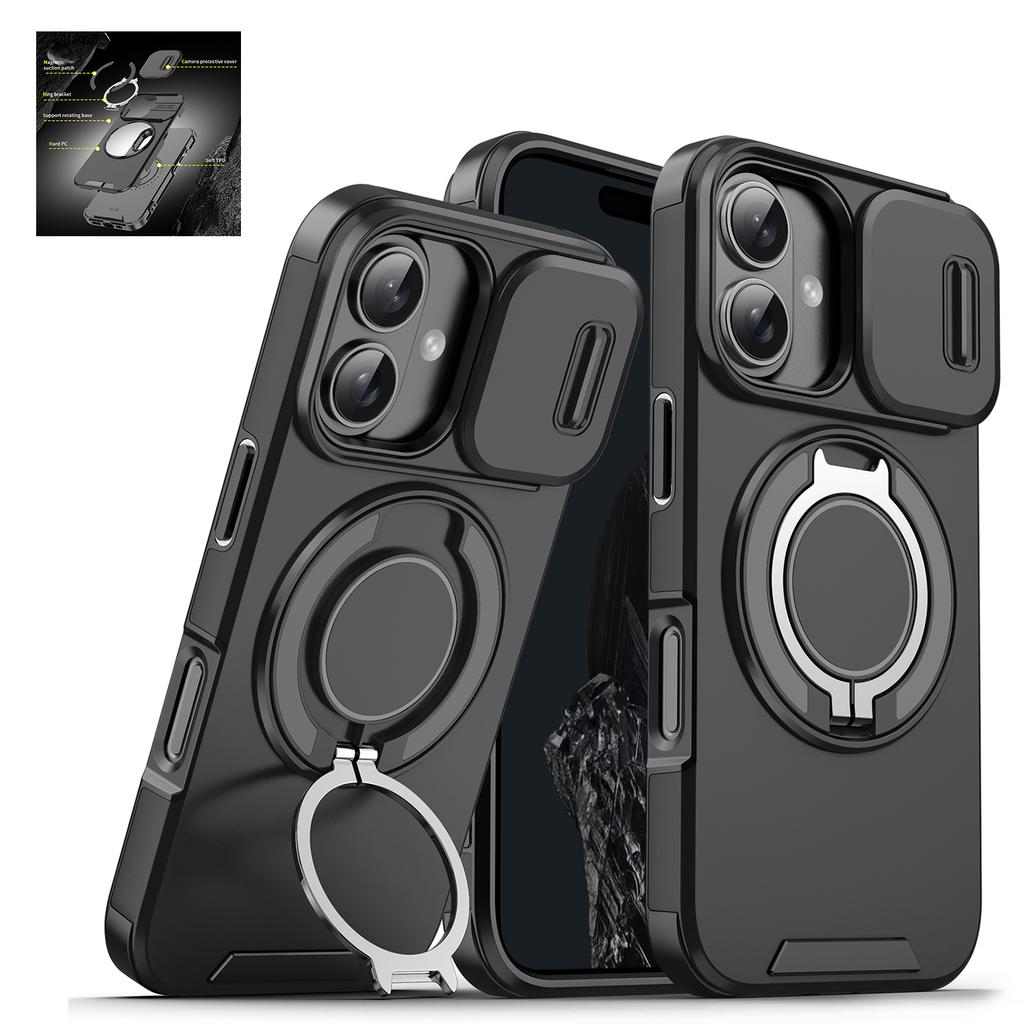Suitable for iPhone 16 15 14 Plus 13 12 Pro Max 16E 360 Degree Rotating Magnetic Bracket With Camera Protection Phone Case