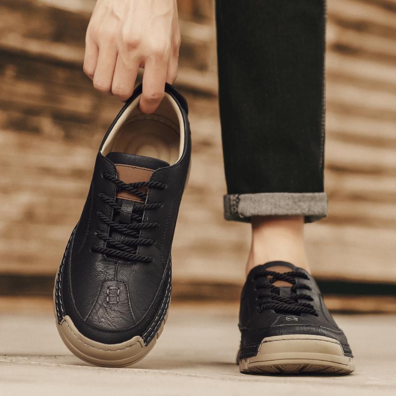 Men Leather Casual Shoes Soft Sole Walking Shoes Luxury Brand Lace-Up Lightweight Walking Shoes Outdoor Mens Sneakers
