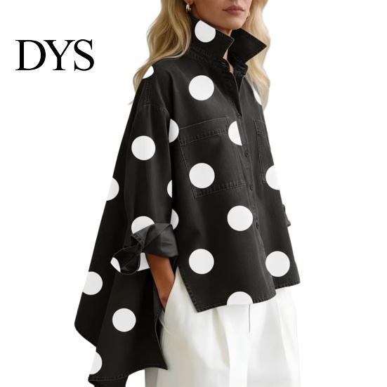 Textured Fabric Shirt Polka Dot Denim for Women Loose Fit Button-Down Top with Casual Outerwear Chest Pockets Oversize Spring Summer Fashionable