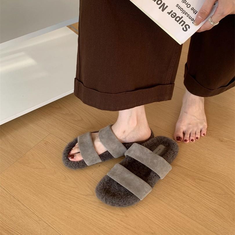 2025 autumn and winter Mao Mao shoes slippers women's new French style with skirt women's shoes wear one-word thick-soled slippers