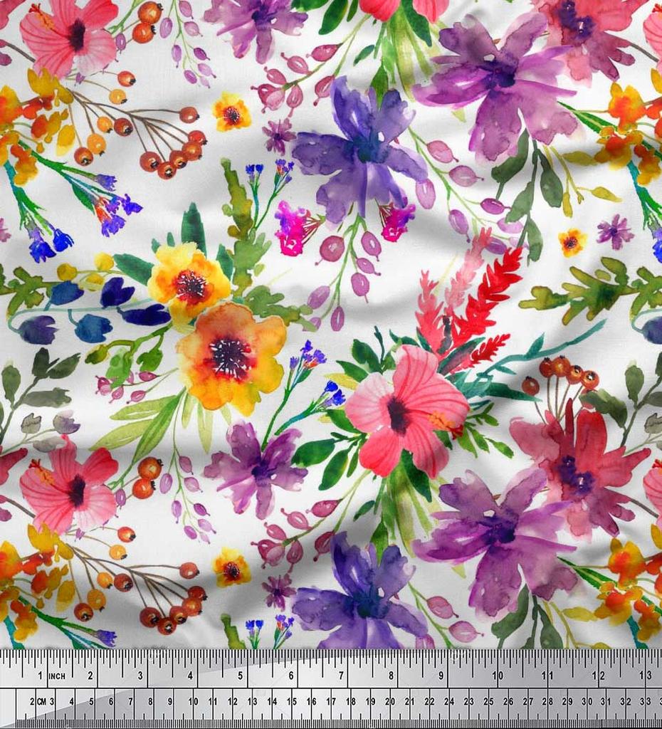 Soimoi Japan Crepe Satin Fabric Flower & Leaves Watercolor Decor Fabric Printed metre 42 Inch