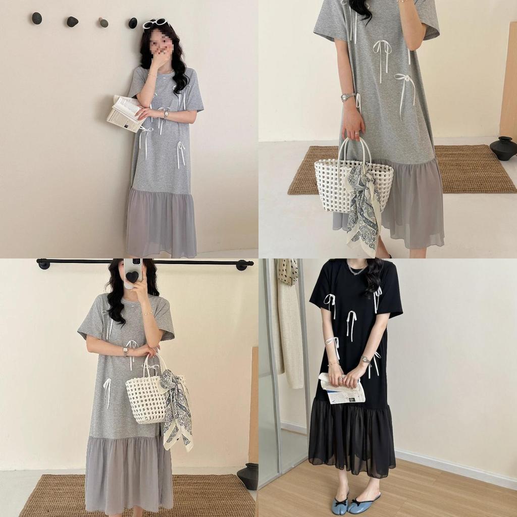 Summer Elegant Knit Dress With Puff Sleeve And Splicing For Casual Wear