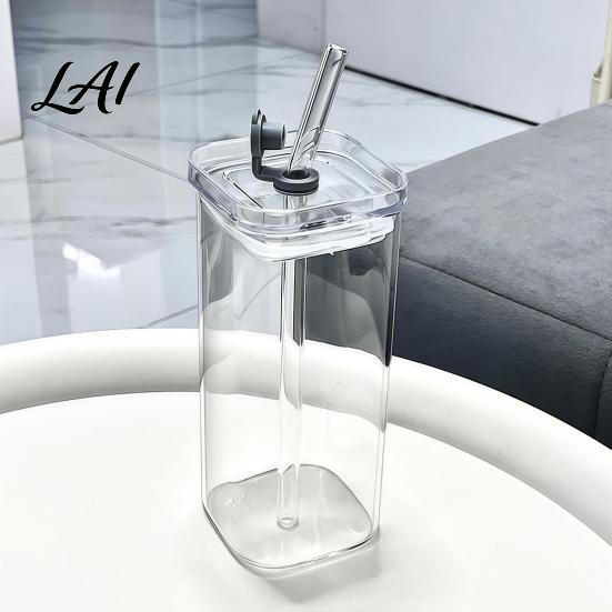 Elegant Glassware for Wedding Gifts Glass Cup with Lid And Straw Square Clear Borosilicate Heat Resistant Kitchen Tumbler Portable Drinking
