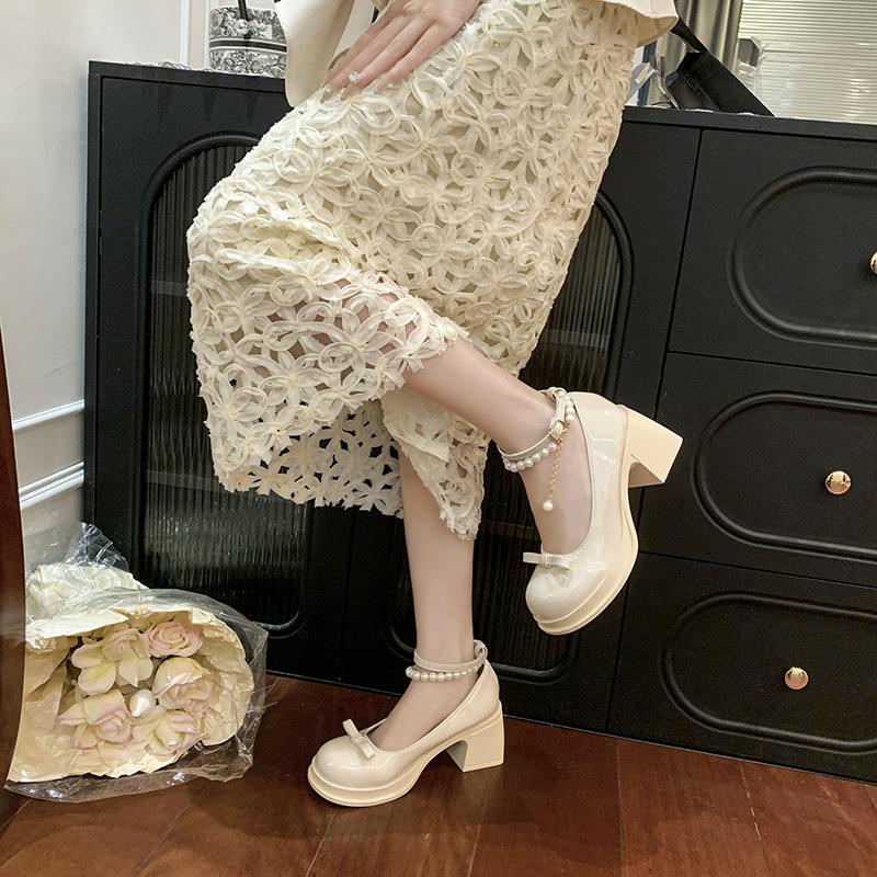 French Mary Jane small leather shoes women's skirt 2025 new summer versatile pearl bow thick high heel shoes