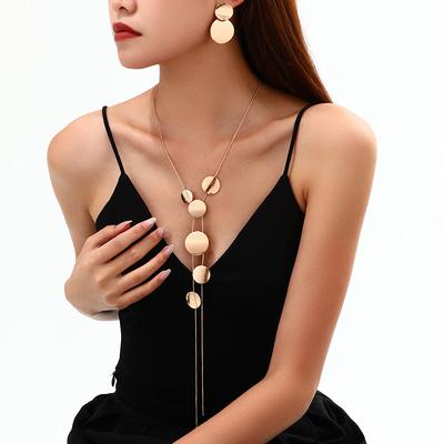 Versatile Women's Long Necklace Trendy Temperament Jewelry Disc Hollow Geometric Chain Necklace Earrings Cover
