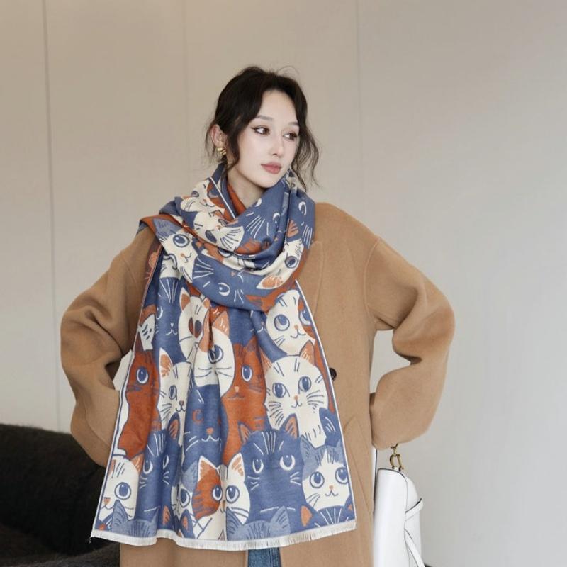 Cute Big-Eyed Cat Winter Scarf Cashmere Women Pashmina Design Wrap Female Thick Blanket Soft Bufanda Warmth Shawl Kerchief