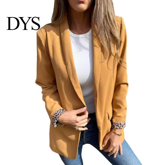 Leopard Print Office Coat Women Suit Lapel Long Sleeve Cuffs Workwear Jacket Solid Color Loose Fit Open Front Casual Business Outwear