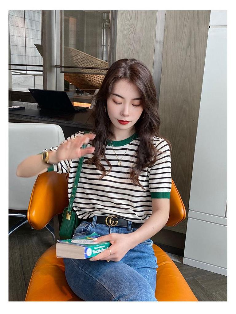 Ice Silk Short-Sleeve Knit Striped T-Shirt for Women, Plus Size Korean Style Summer Chic Top