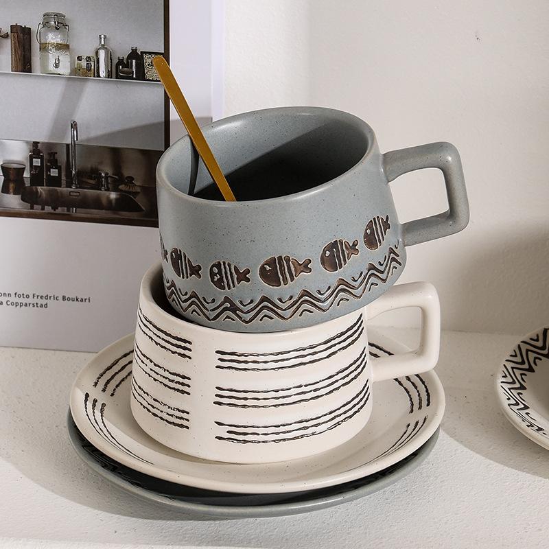 Retro fish ripple coffee cup ceramic art cup and saucer set tableware high value posing good things.