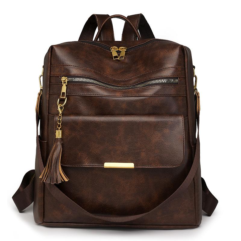 

Stylish retro backpack, simple commuter versatile college student schoolbag, multi-compartment storage, women s shoulder bag one size fits all темно-коричневого кольору