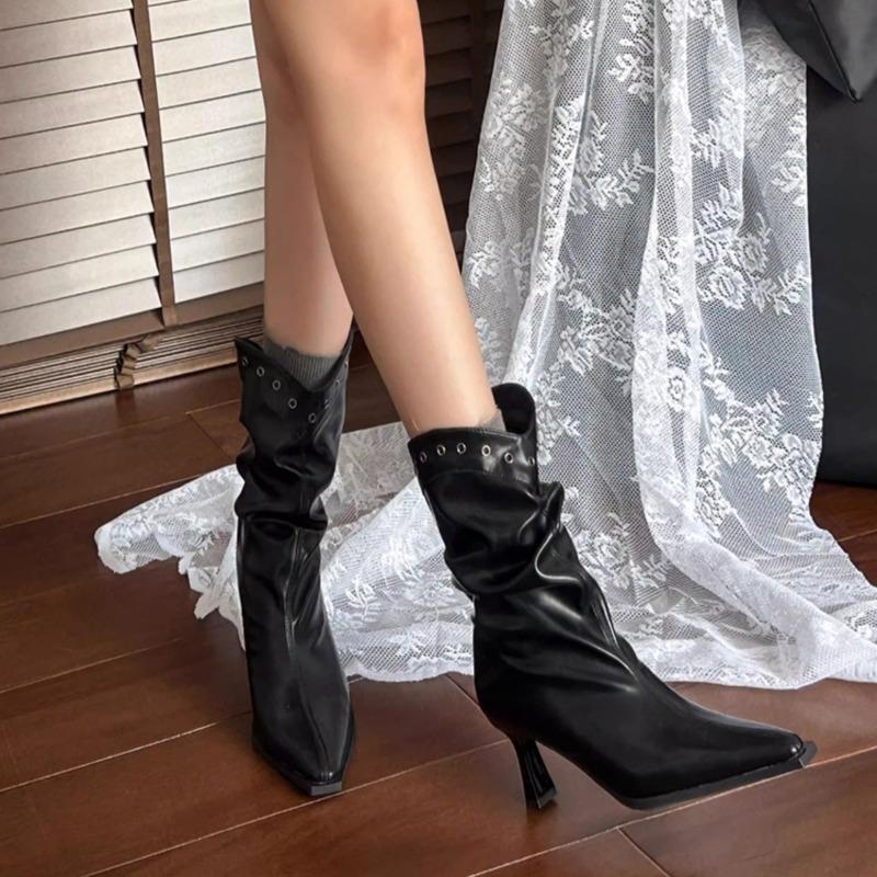 Studded Sleeve Stack Boots Fashion Pointed Toe Stiletto Heel Anti-Slip Wear-Resistant Booties