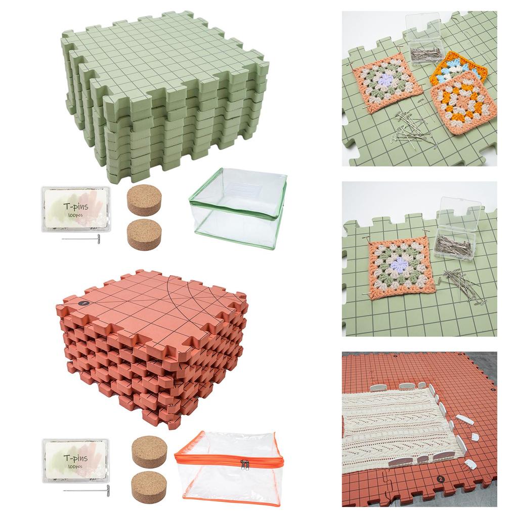 9Pcs 32x32cm Foam Knitting Blocking Mat Set with 100Pcs 38mm T Pin and Wood Needle Holder For Granny Square Making