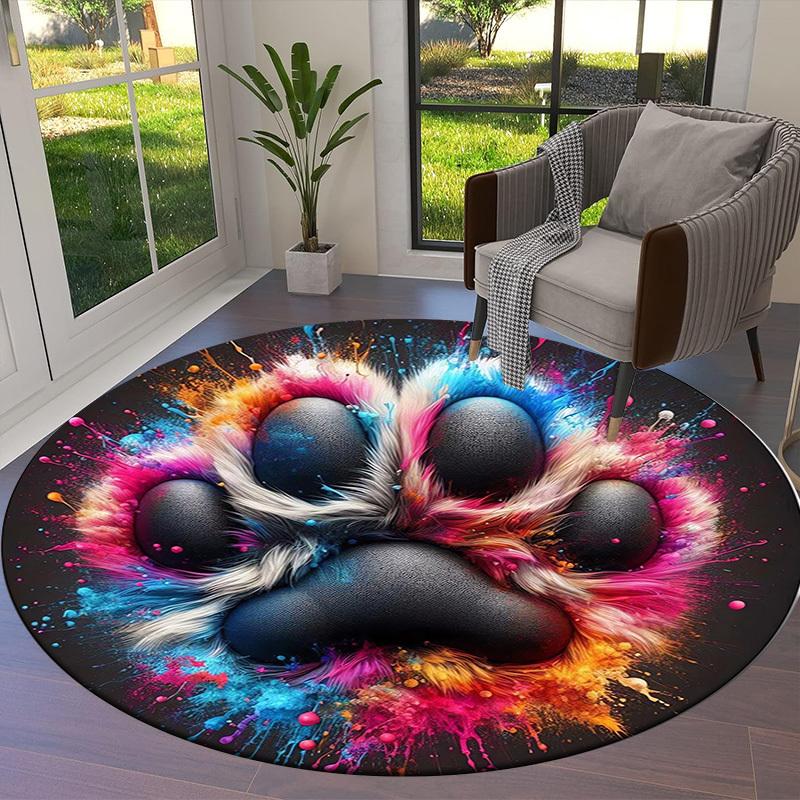 1pc Colorful Paw Print Round Carpet, Made of Polyester,Perfect for Decorating Office Chairs, Living Rooms,Vibrant Decorative Rug