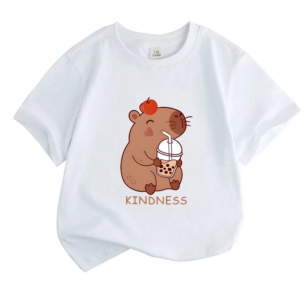 Kids Boys Girls 100% Cotton Crew Neck Short Sleeve T-Shirt, Cute Capybara With Boba Tea Red Apple Kindness Print Casual Soft Tee For Daily Wear
